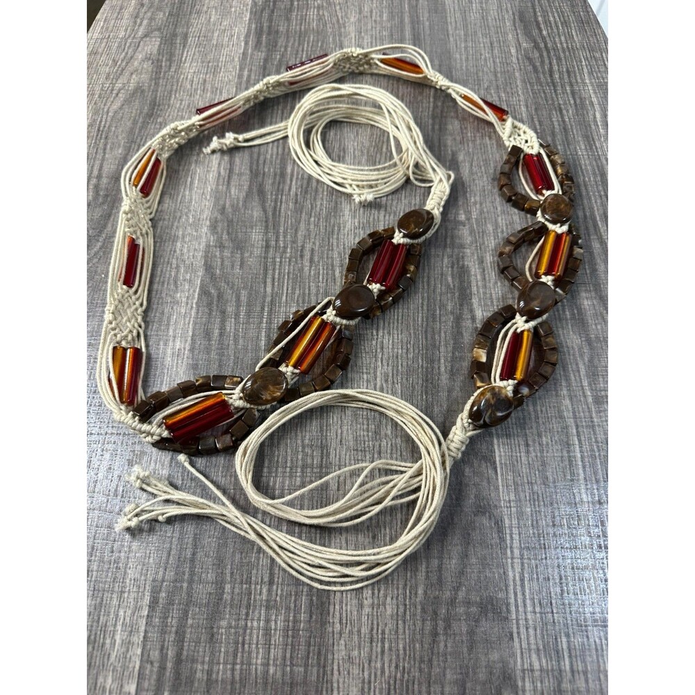 Women's Belt 77in Long 2in Wide Chunky Bead Earth Tone Woven Cords Tie Belt